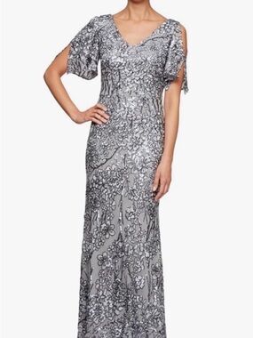 Alex Evenings Silver Floral Sequin Maxi Dress